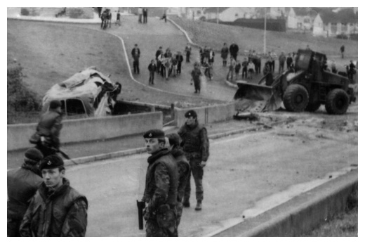 The British Army dismantle a barricade in Derrybeg in the seventies.