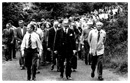Leading a protest march against the British Army blockade outside Omeath, were councillor Tommy Elmore, flanked by Louis Doyle and Kevin Mulligan.